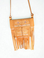 Hand-Embroidered Moroccan Leather Crossbody Bag with Fringes