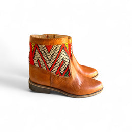 Tan Leather & Kilim Woven Booties - Handmade Ankle Boots