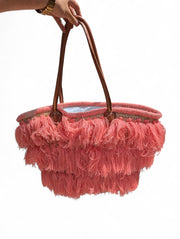 Bohemian Tiered Fringe Straw Tote Bag with Leather Handles