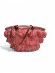 Bohemian Tiered Fringe Straw Tote Bag with Leather Handles