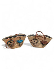 Handmade Hand-Painted Eye Straw Tote Bag with Leather Handles