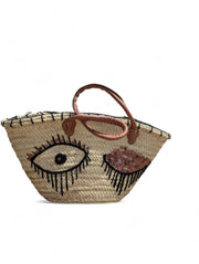 Handmade Hand-Painted Eye Straw Tote Bag with Leather Handles