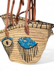 Handmade Hand-Painted Eye Straw Tote Bag with Leather Handles