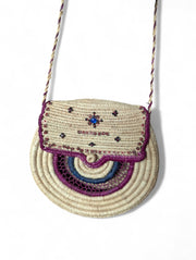 Handwoven Round Straw Crossbody Bag with Embroidery