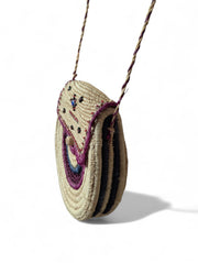 Handwoven Round Straw Crossbody Bag with Embroidery