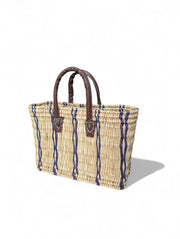 Woven Reed Basket Tote with Blue Stripes & Leather Handles