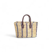 Woven Reed Basket Tote with Blue Stripes & Leather Handles