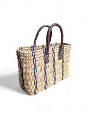 Woven Reed Basket Tote with Blue Stripes & Leather Handles