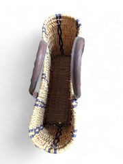 Woven Reed Basket Tote with Blue Stripes & Leather Handles