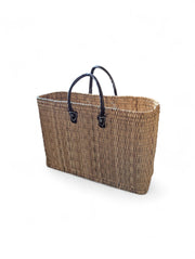 Reed Storage Basket – Handwoven Tote with Leather Handles