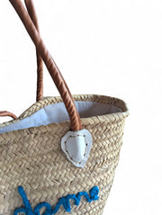 Embroidered Straw Beach Basket – Leather or Natural Handles
